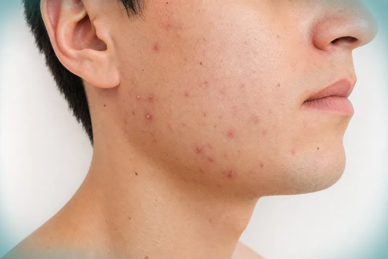 Close view of inflammatory acne on the jawline